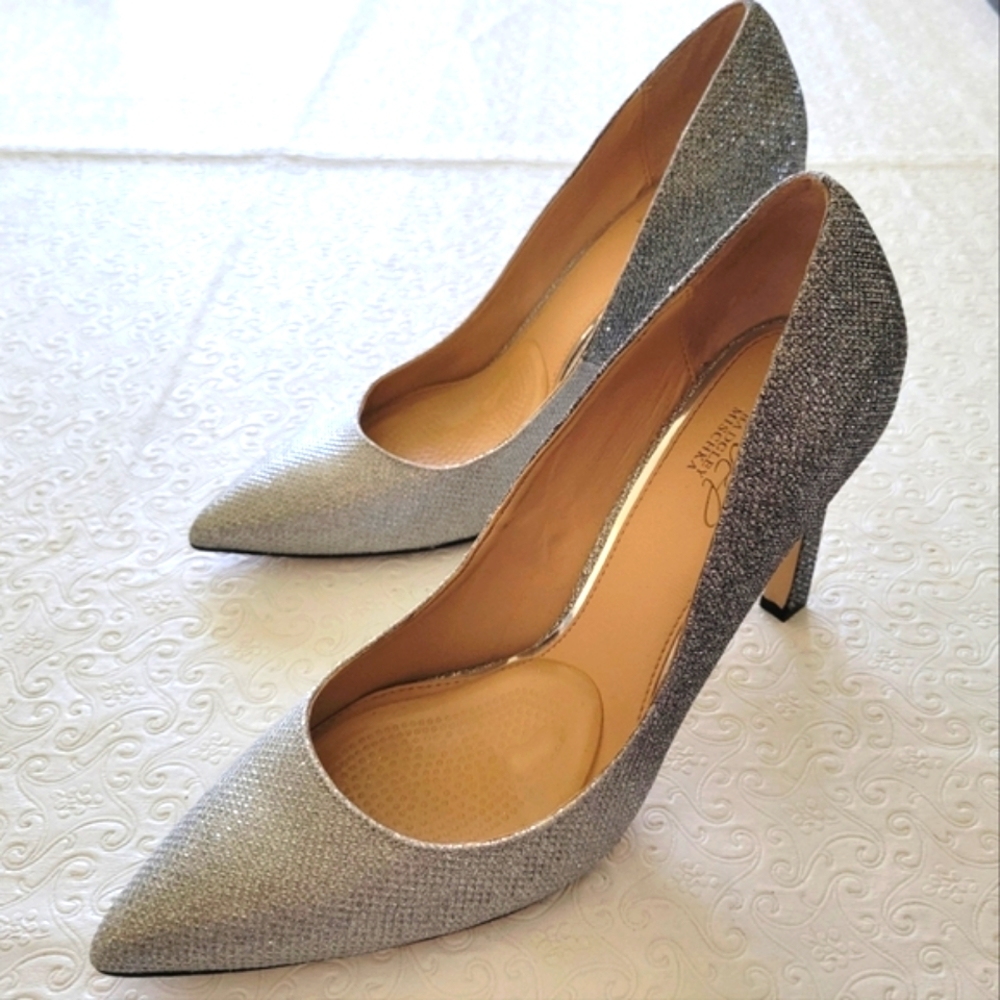 JEWEL BADGLEY MISCHKA  women's sz 9 silver / black Crystal Embellished  4" Pump.